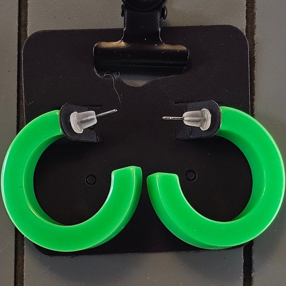 Green Hoop Earrings 1.2" Retro 1980s Neon Chunky Pierced Acrylic Gift Bag Y2K - Picture 2 of 7